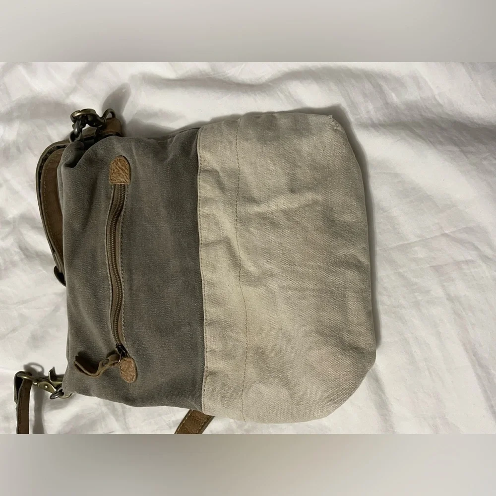 Gray Canvas and Leather Crossbody Bag with Tan Trim